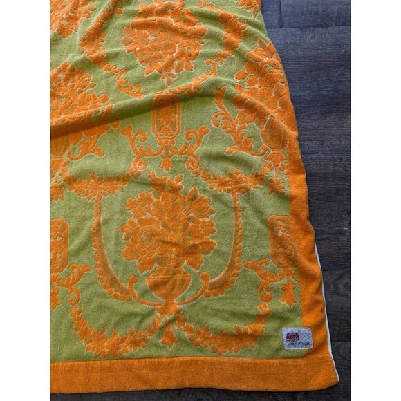 Vtg 70s Mitsukoshi Neon Orange Green Damask Terrycloth Beach Towel Blanket 52x66 - Picture 4 of 8